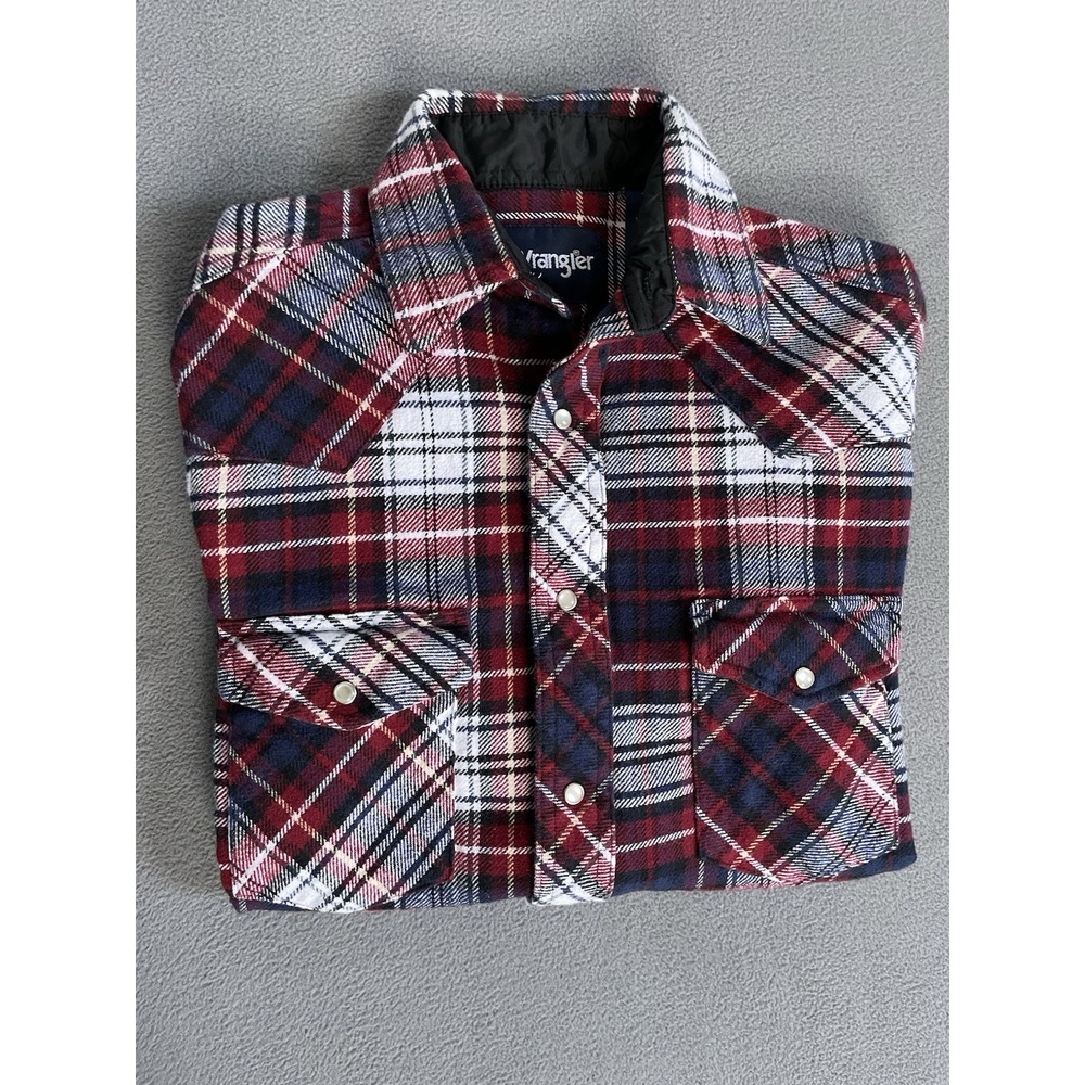 Wrangler Thick Flannel Youth S/ch/p Red/blue Plaid Pearl Snap 100 Cotton
